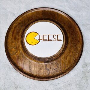 Vintage MCM Wooden Cheese Board Cheese Ceramic Inlay Hardwood 12" Heavy